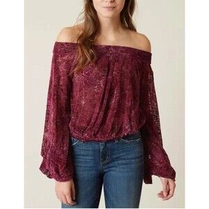 Free People (M)Ginger Berry Velvet Burnout Top Womens Purple Sheer Boho Romantic